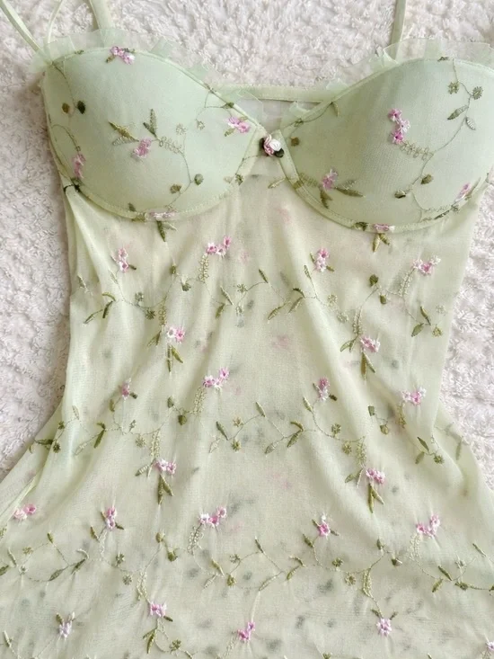 Vintage Light Green Floral Embroidered Slip Dress - Picture 3 of 5